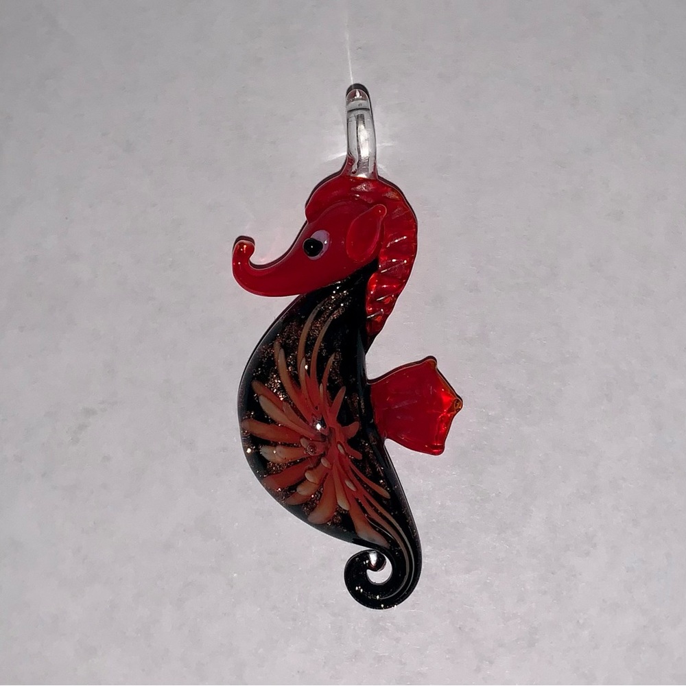 Handmade Glass Pendant - Red Sparkly Seahorse.